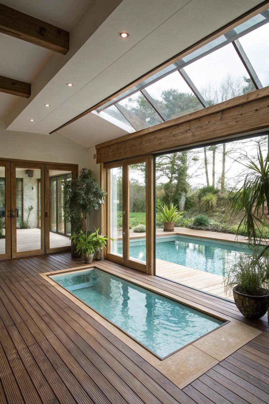 A naturally illuminated indoor pool featuring natural elements