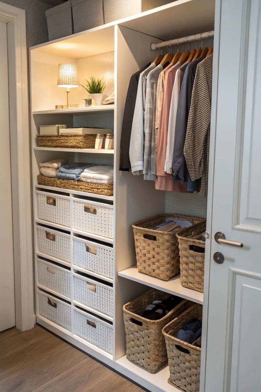 Simplify your closet routine with convenient pull-out baskets.