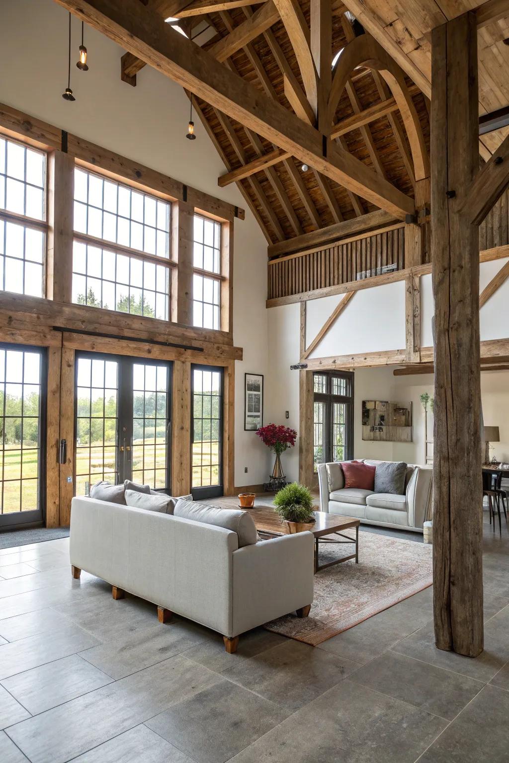 A blend of styles results in a distinctive and appealing barndominium interior.