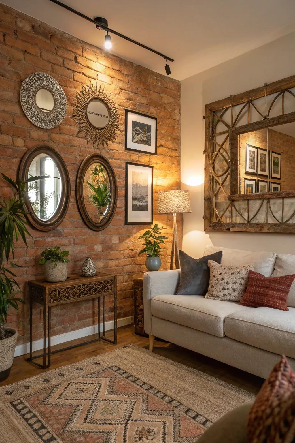 A brick wall embellished with creative ornamental features, crafting a distinctive and fashionable centerpiece.