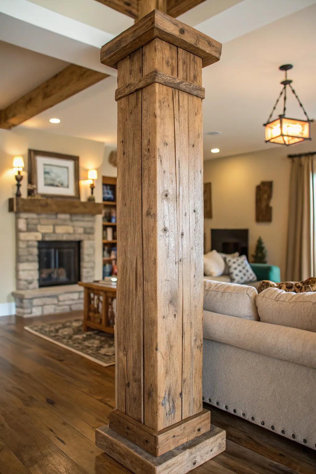 Salvaged lumber columns introduce a rural charm.