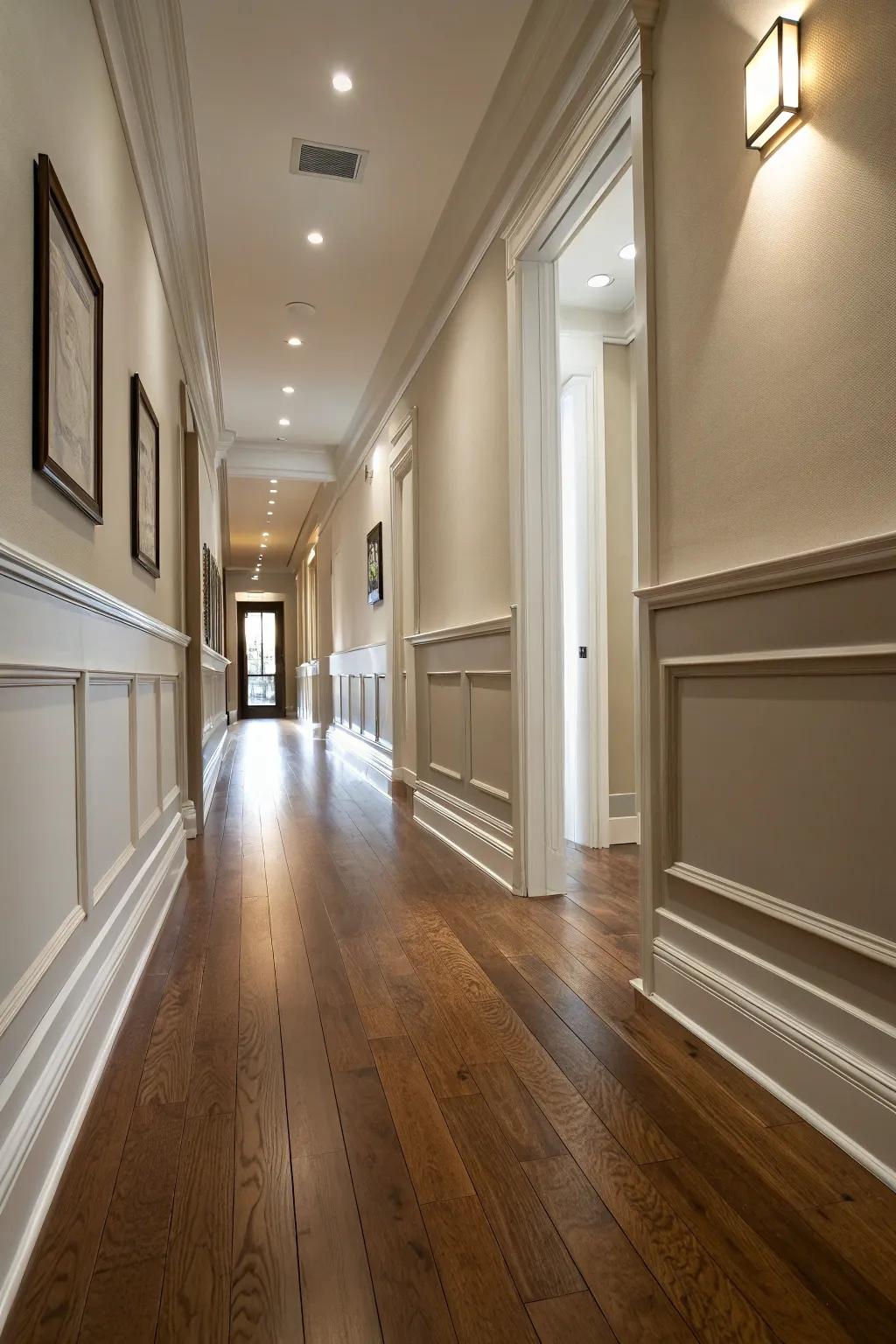Elegant baseboards enhance the hallway’s polished appearance.