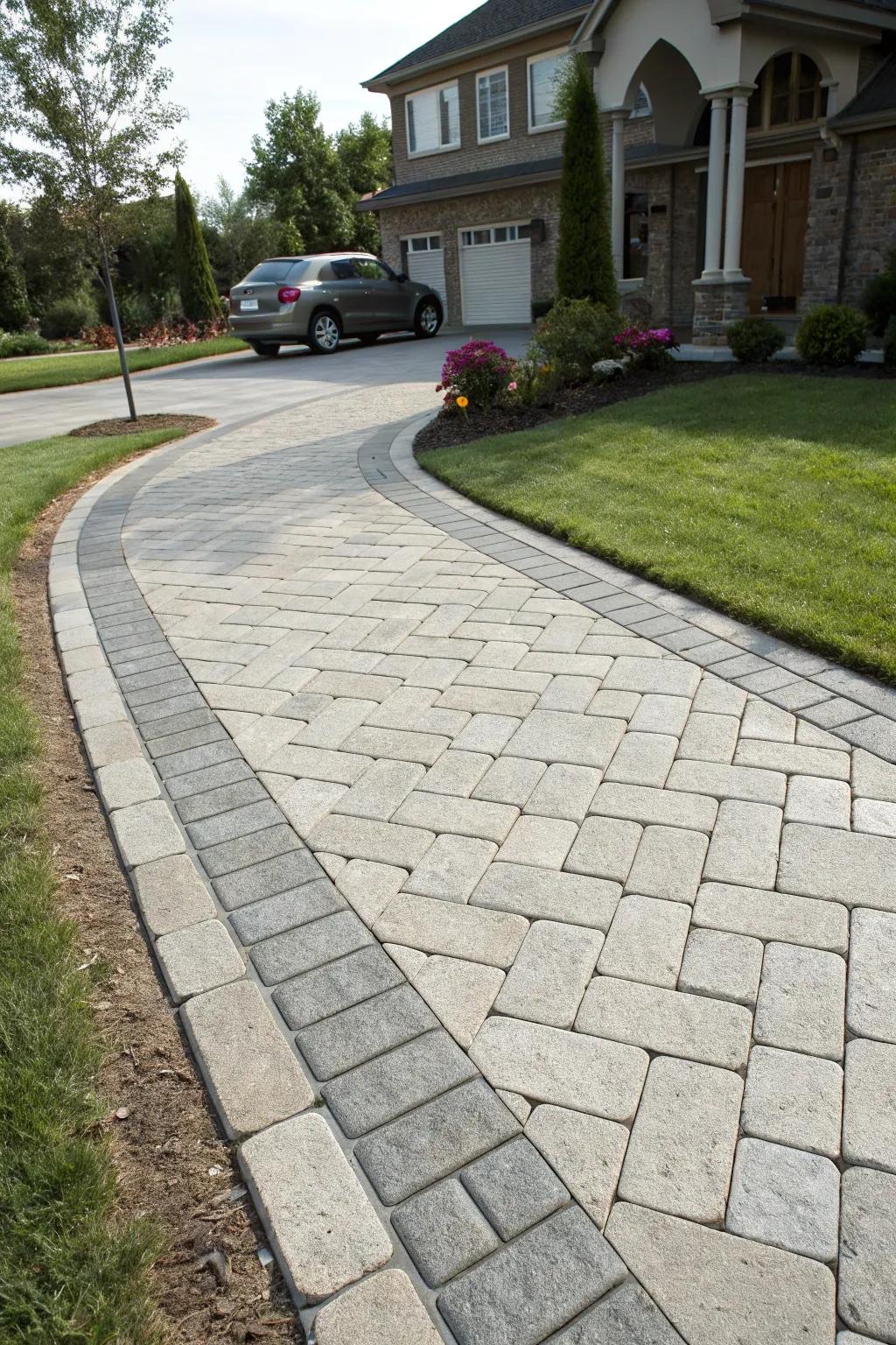 A cohesive design featuring modular pavers extending from the entrance to the driveway.