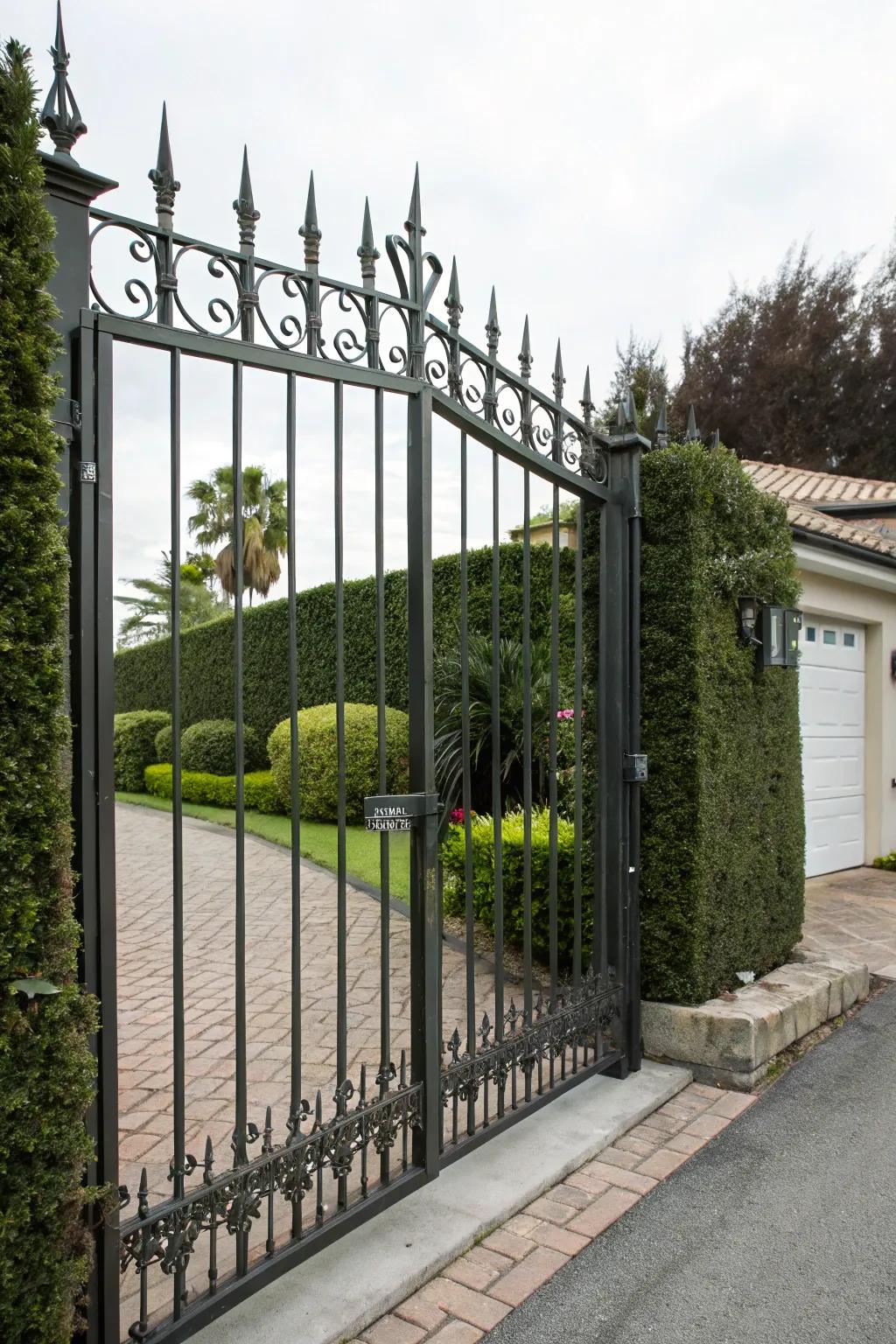 A tall iron gate with crests for enhanced security and impact.