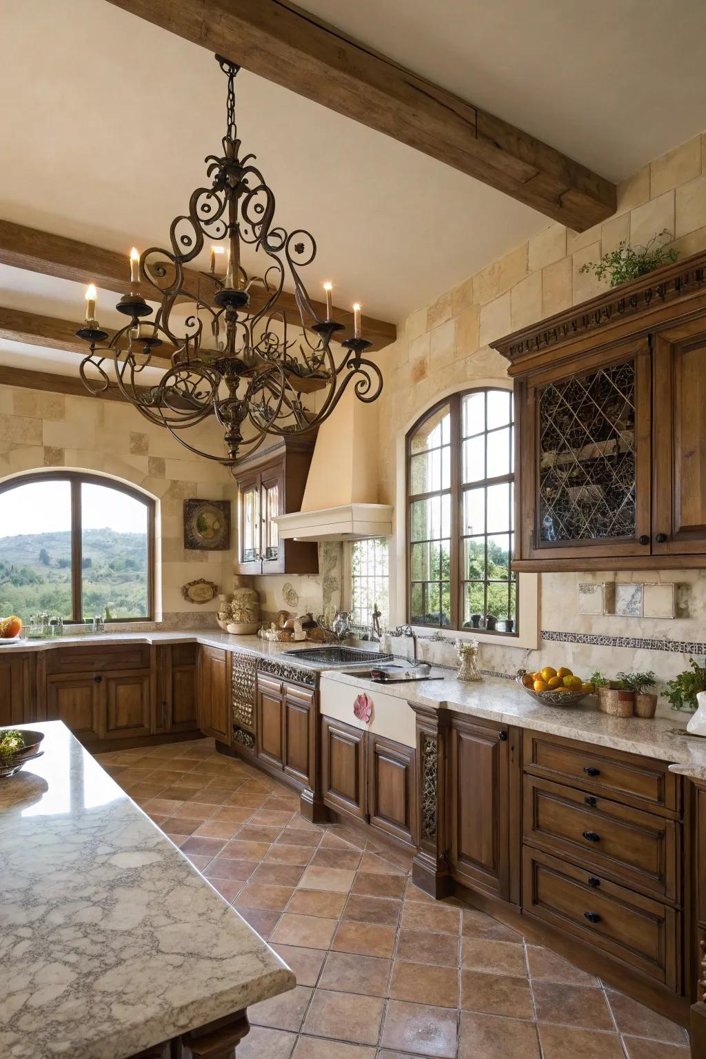 A functioned iron chandelier brings style and classic beauty.