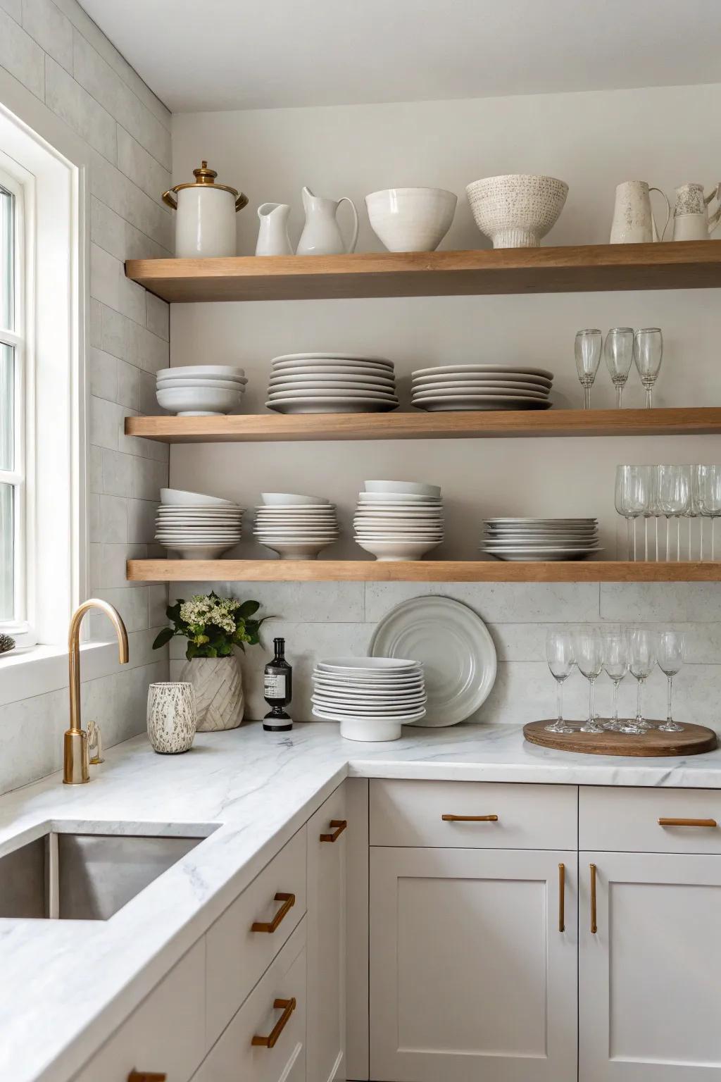Open shelves maintain an airy and inviting kitchen.