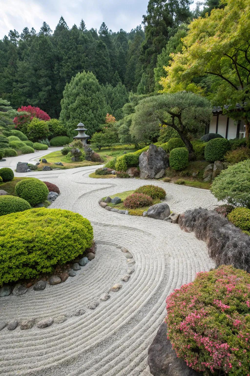 A serene Zen garden showcasing meticulously patterned crushed rock.