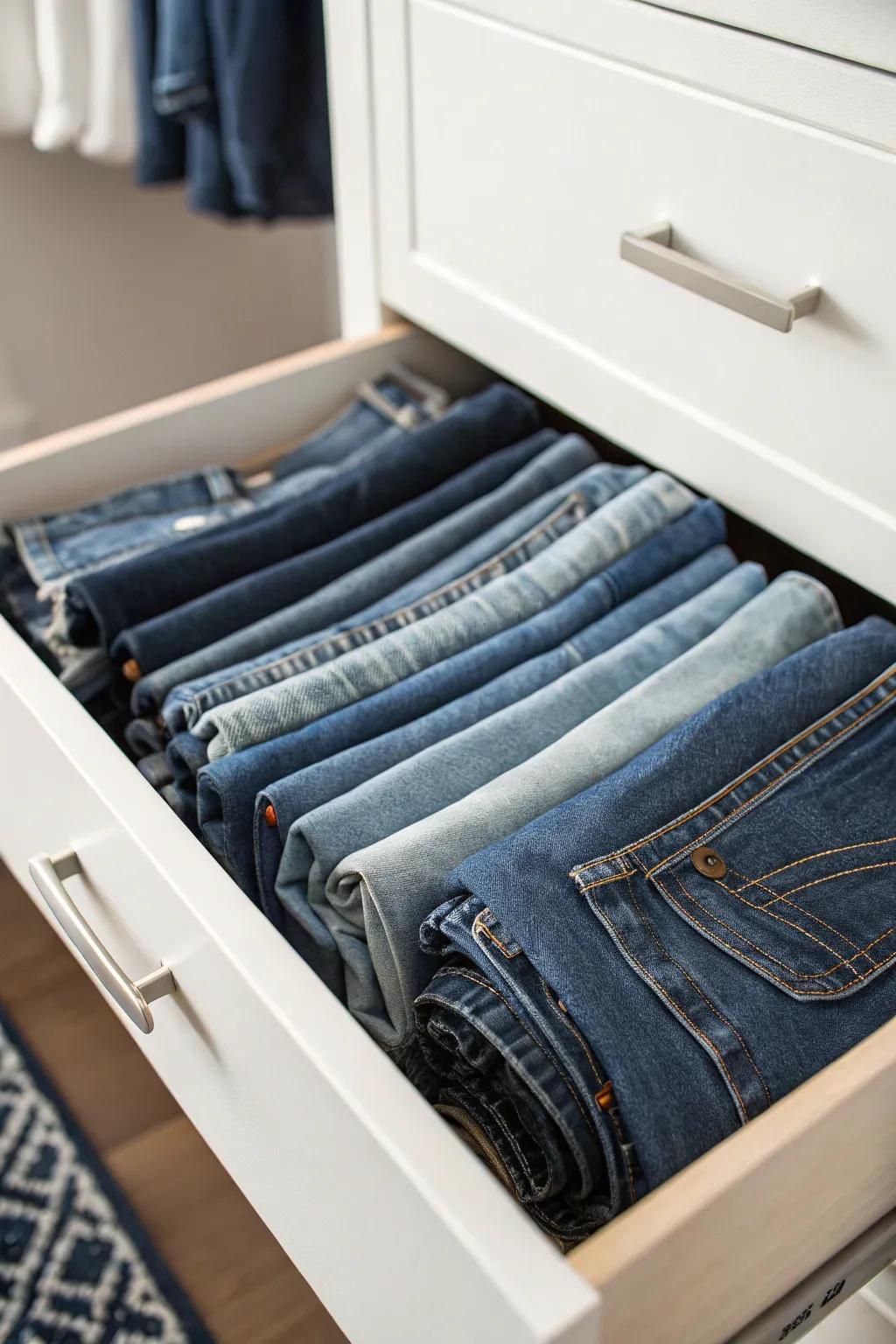 File your jeans vertically in drawers for simple access.