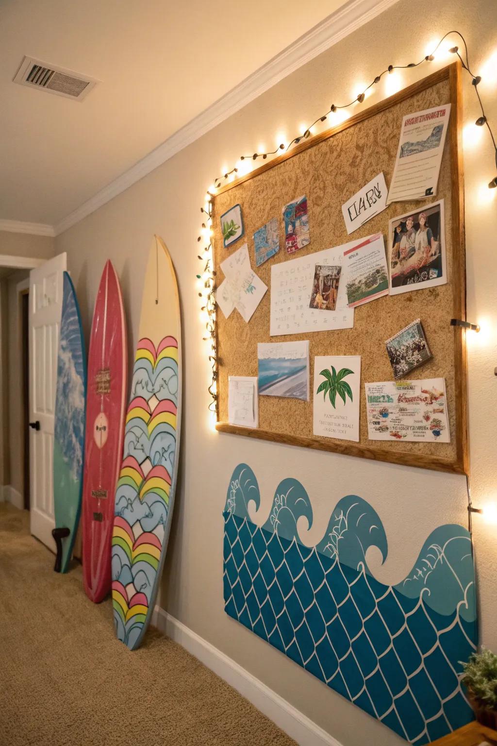 A surf-themed bulletin board transporting the excitement of the ocean indoors.