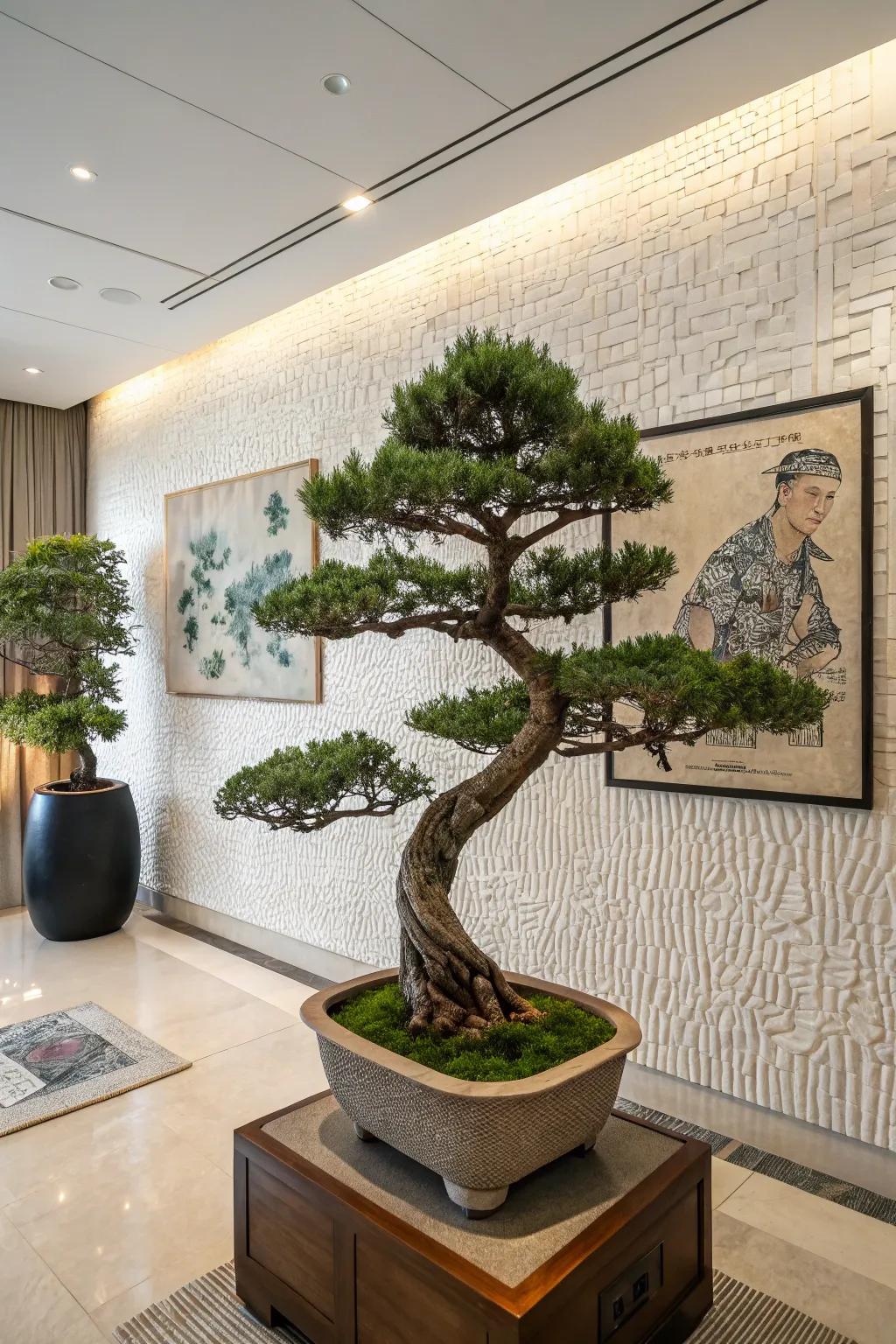 A scholarly juniper bonsai standing elegantly against a textured partition within a contemporary chamber.