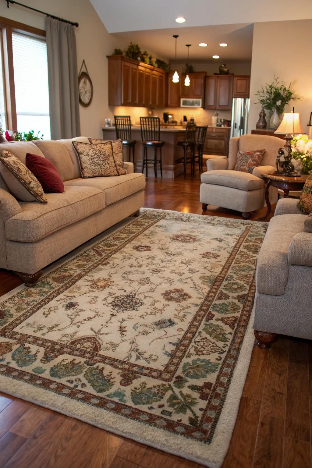 A rug delineates zones within an open concept layout.