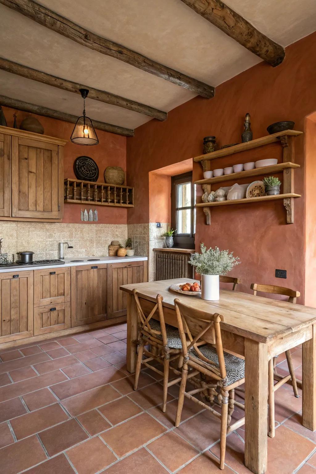Natural terracotta aspects saturate coziness and allure into your kitchen.