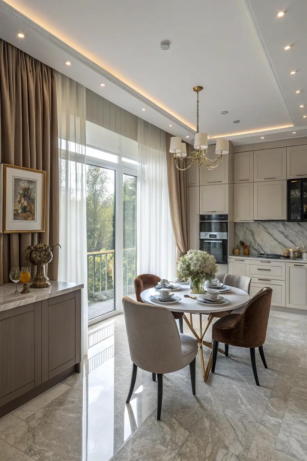Floor-to-ceiling window dressings infuse dramatic flair and refinement into your kitchen.