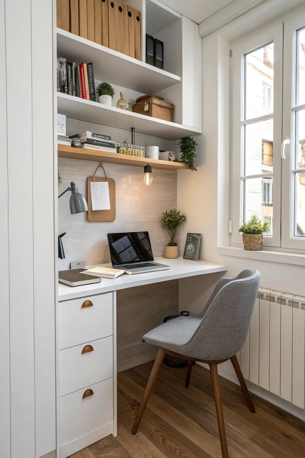 A compact kitchen desk design effectively utilizing a small space.