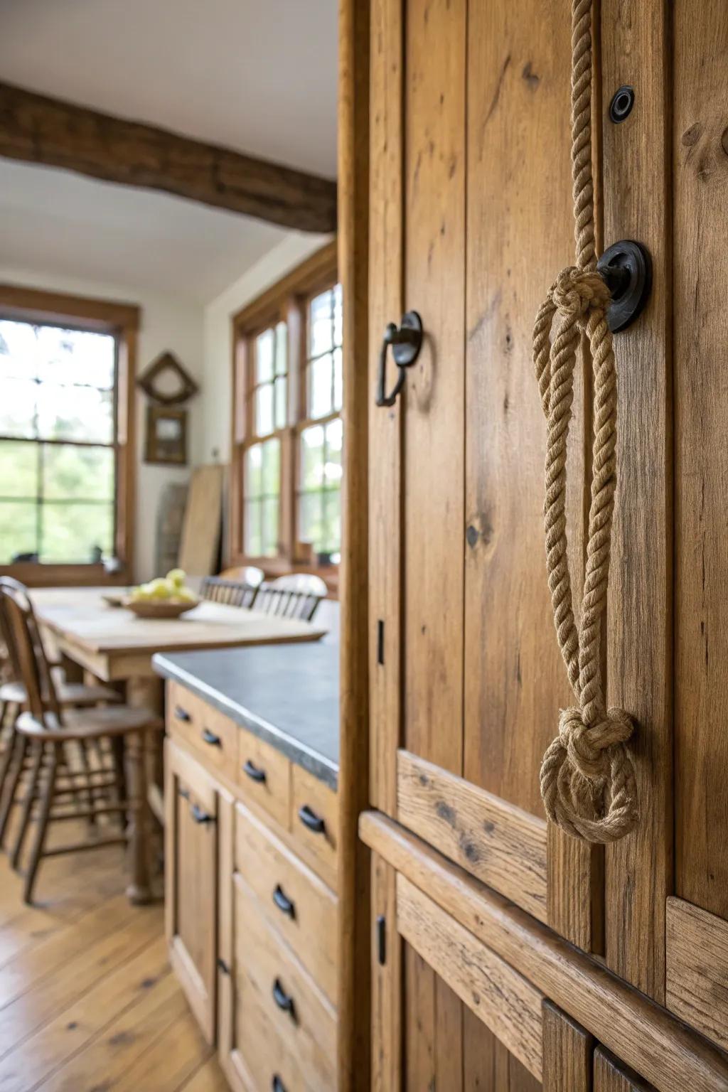 Country cord pulls conveying a handcrafted sensation to farmhouse-themed kitchens.