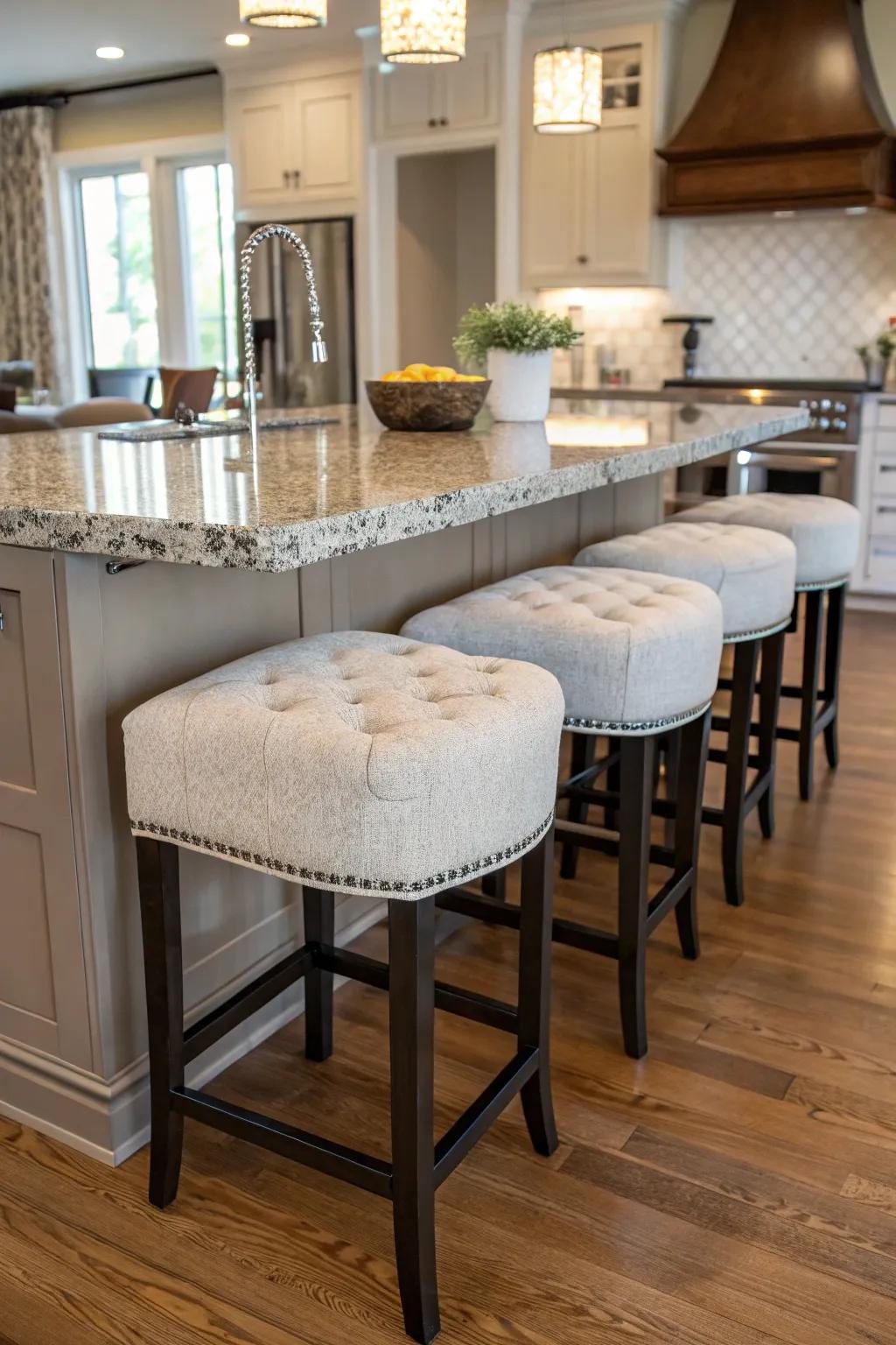 Inviting bar stools create an ideal setting for conversation.