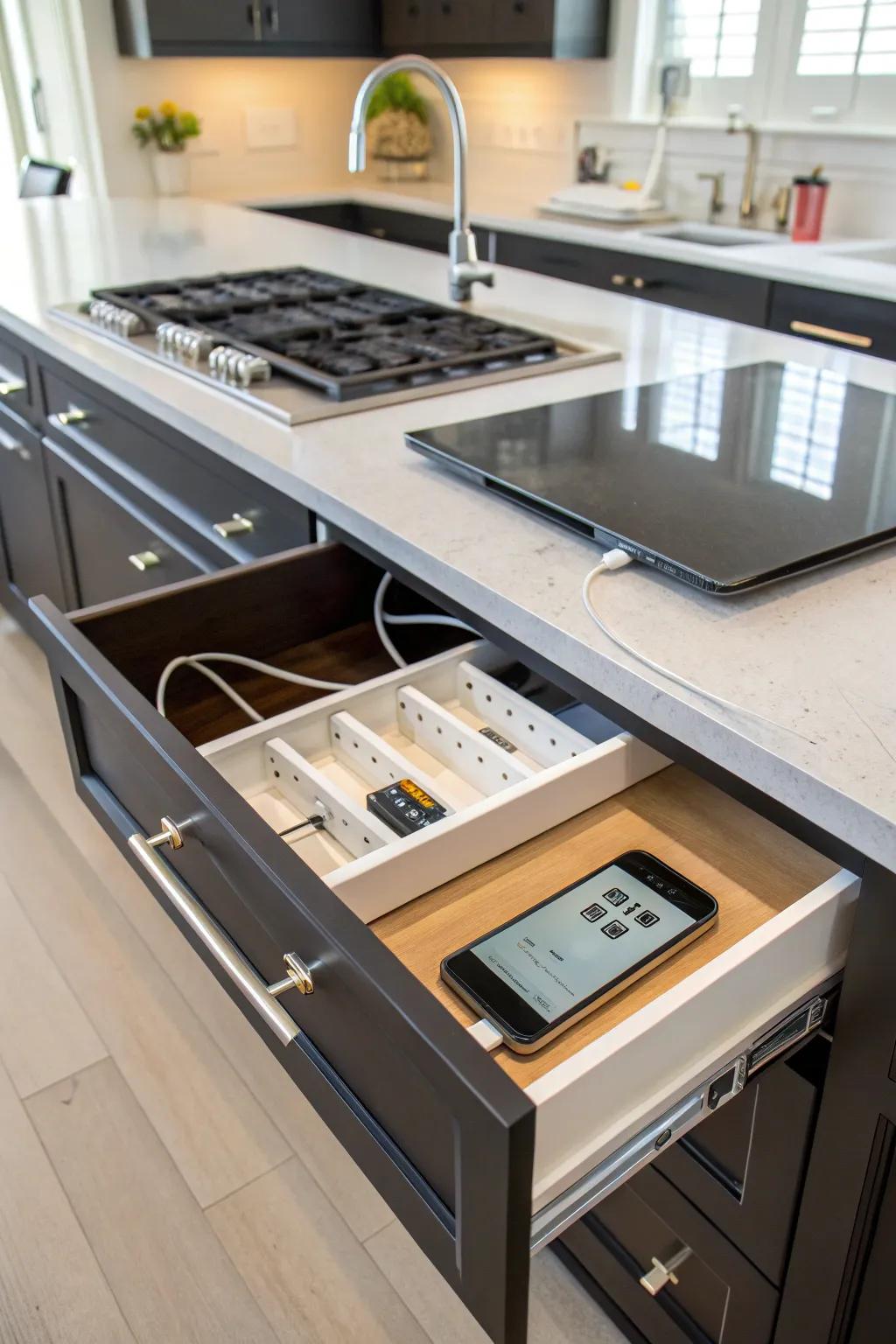 In-drawer outlets ensure devices are charged and out of view.