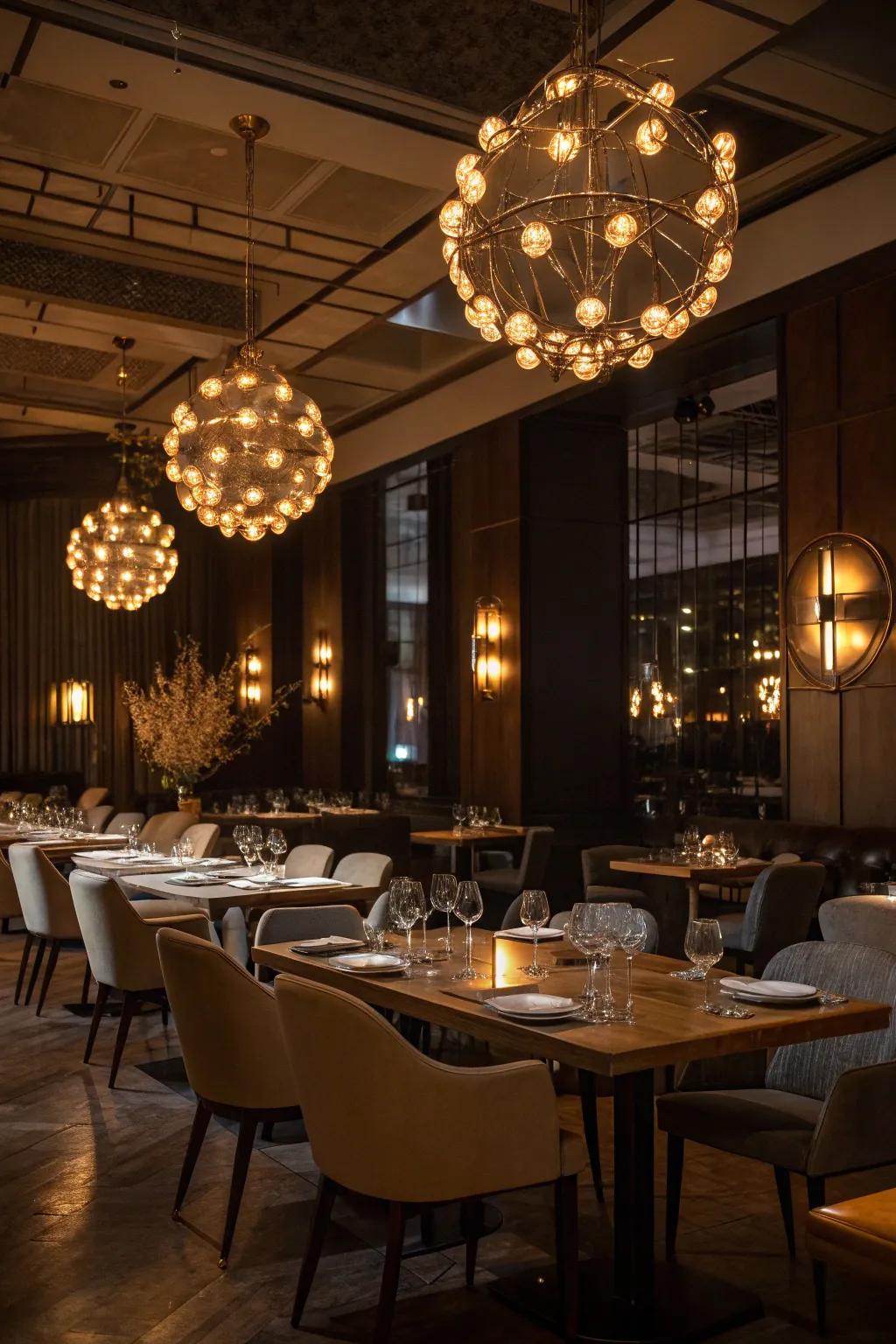 Clustered luminaires impart drama and refinement to this dining zone.