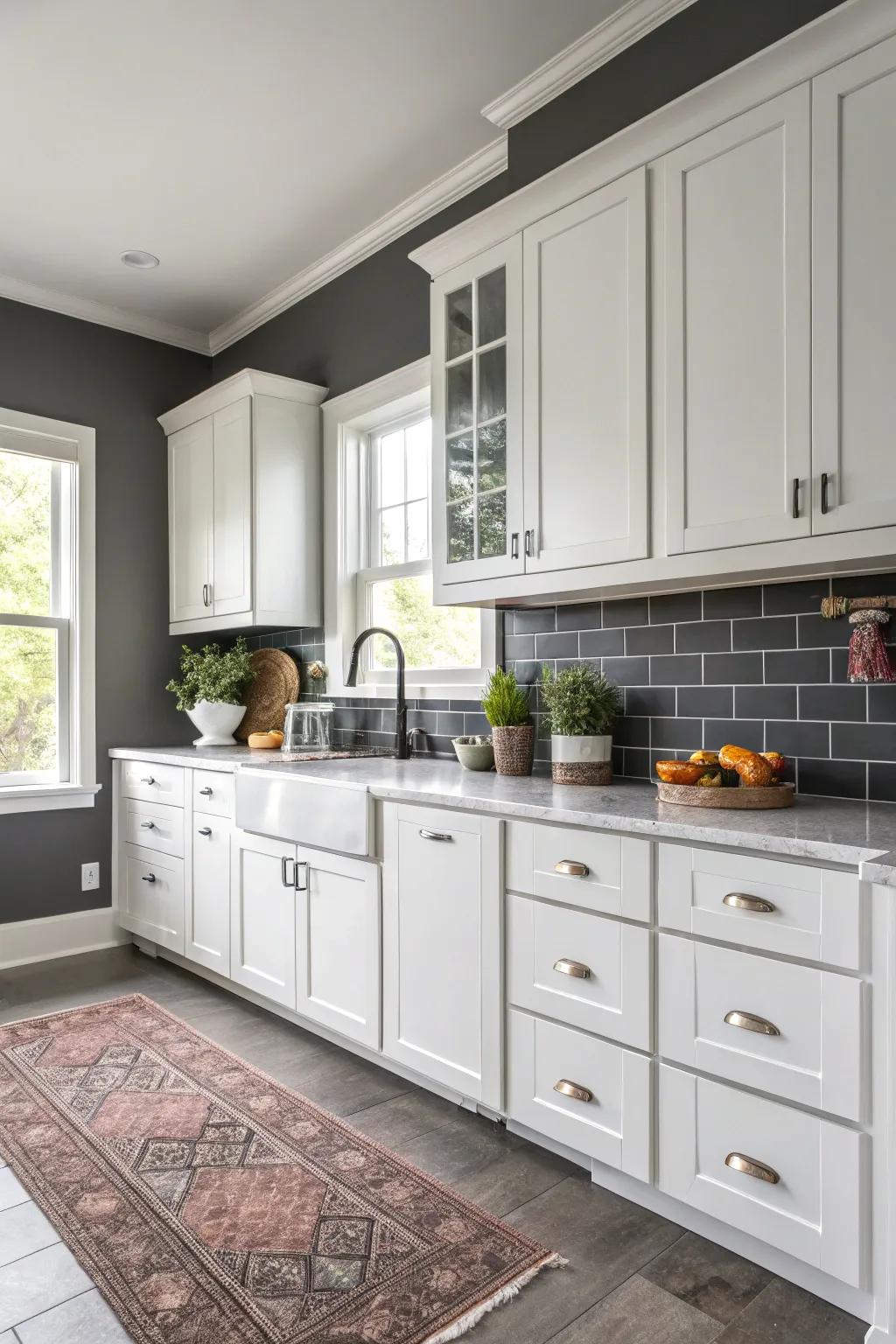 Coal haze walls present a fashionable and modern contrast to white cabinets.