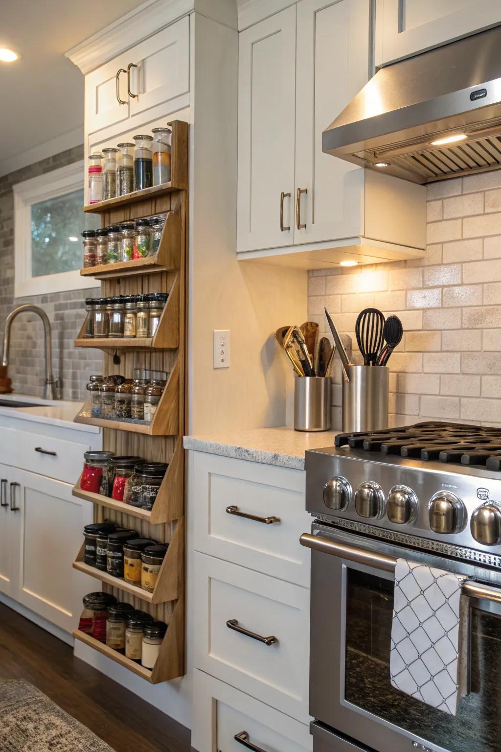 A functional and stylish kitchen featuring visually pleasing spice racks and utensil holders.
