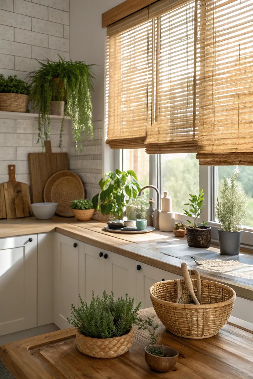 Bamboo blinds proffer a natural and sustainable nuance to your kitchen.