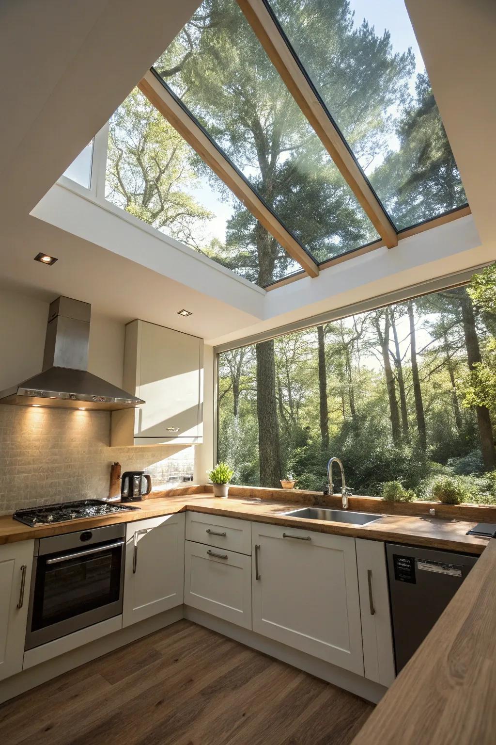 A skylight unveils a stunning natural panorama, seamlessly integrating the outdoors with the indoors.