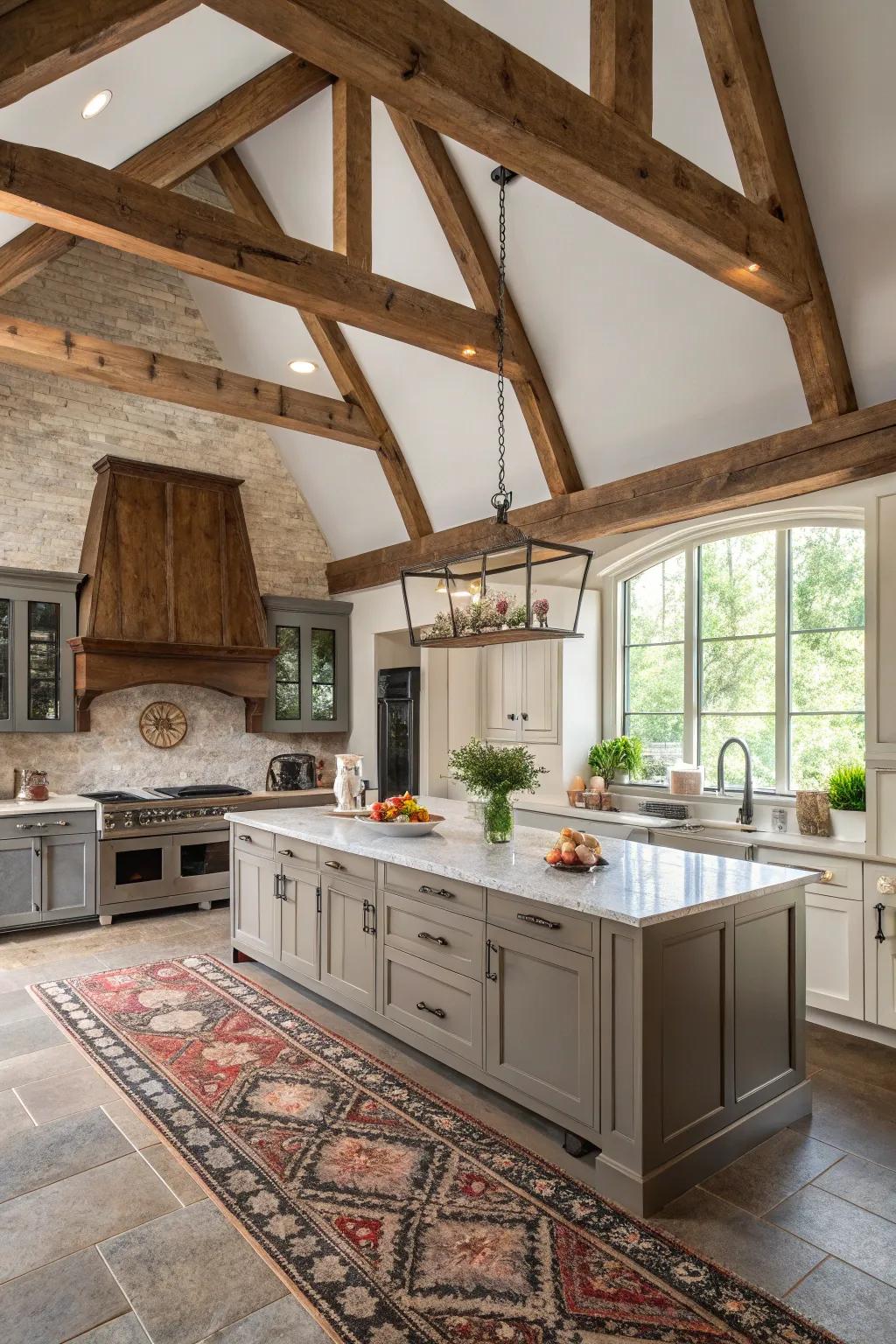 A balanced combination of rustic and modern features in a kitchen with a vaulted ceiling.