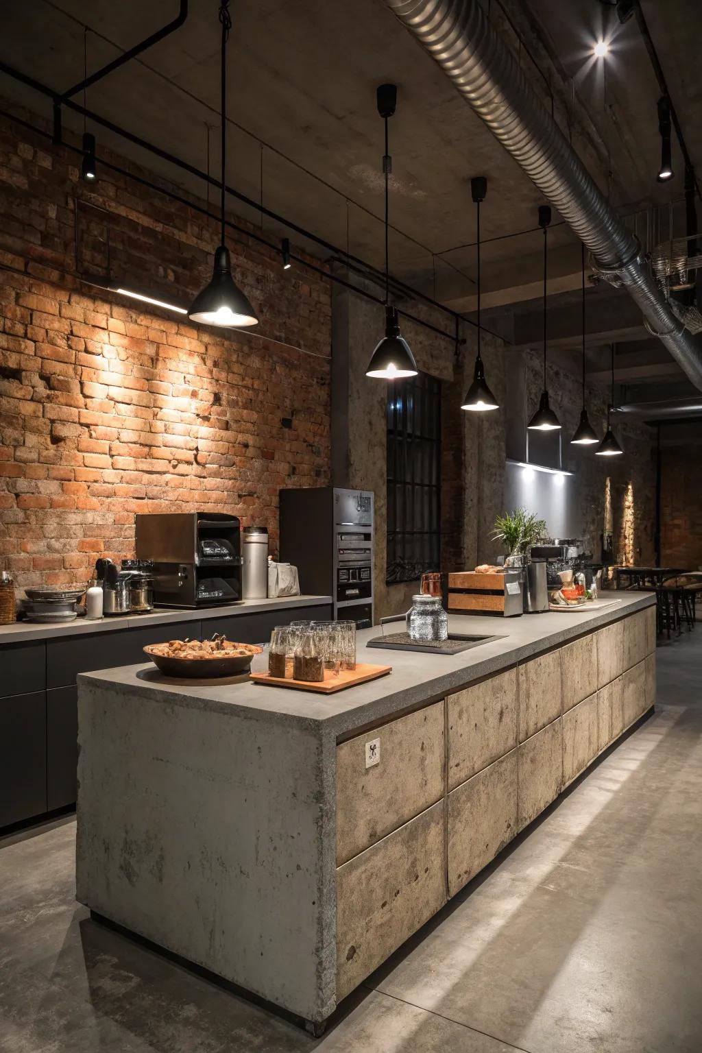 Concrete surfaces contribute a raw, urban edge to kitchen environments.