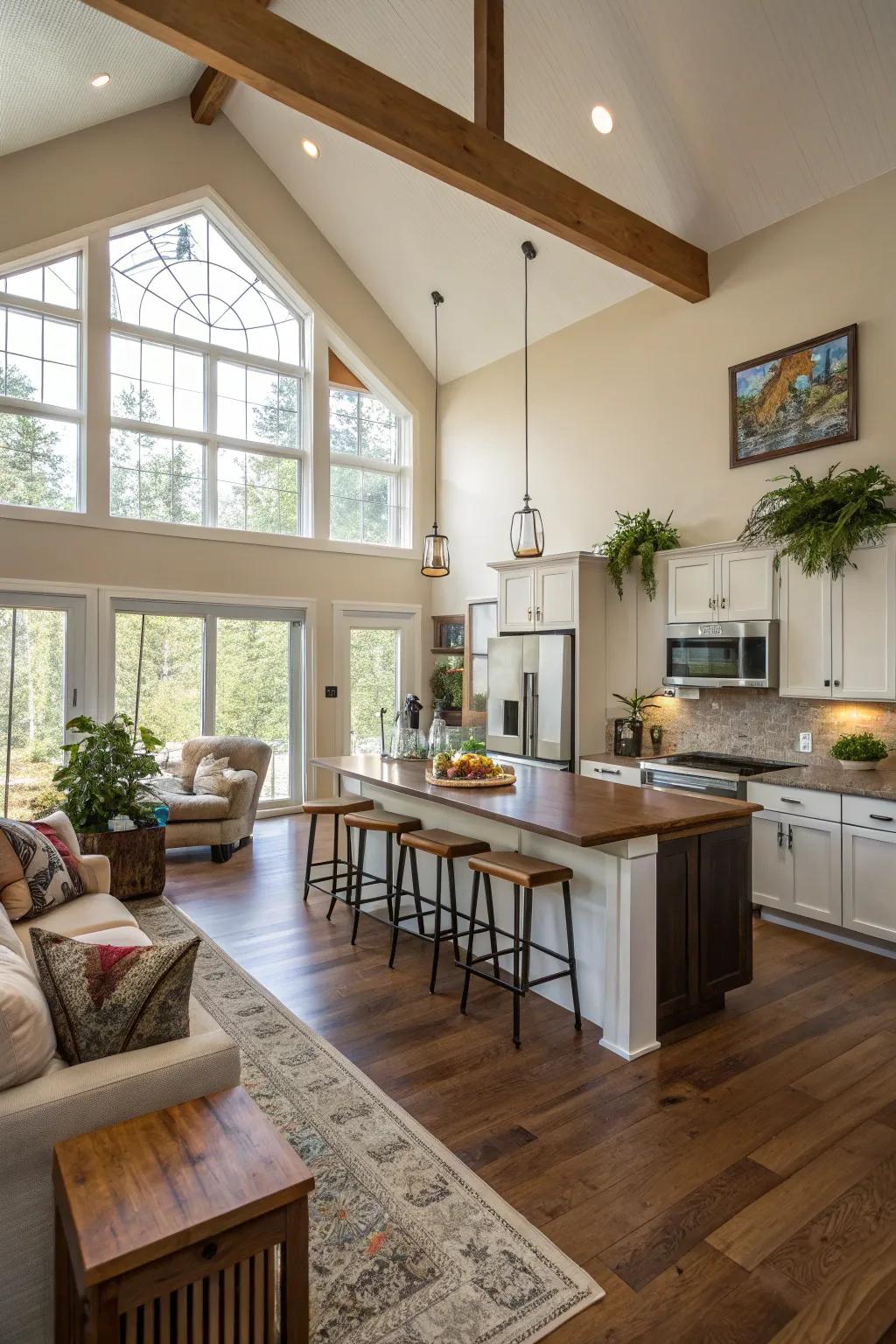 An open configuration increases the sense of spaciousness and connection in this kitchen.