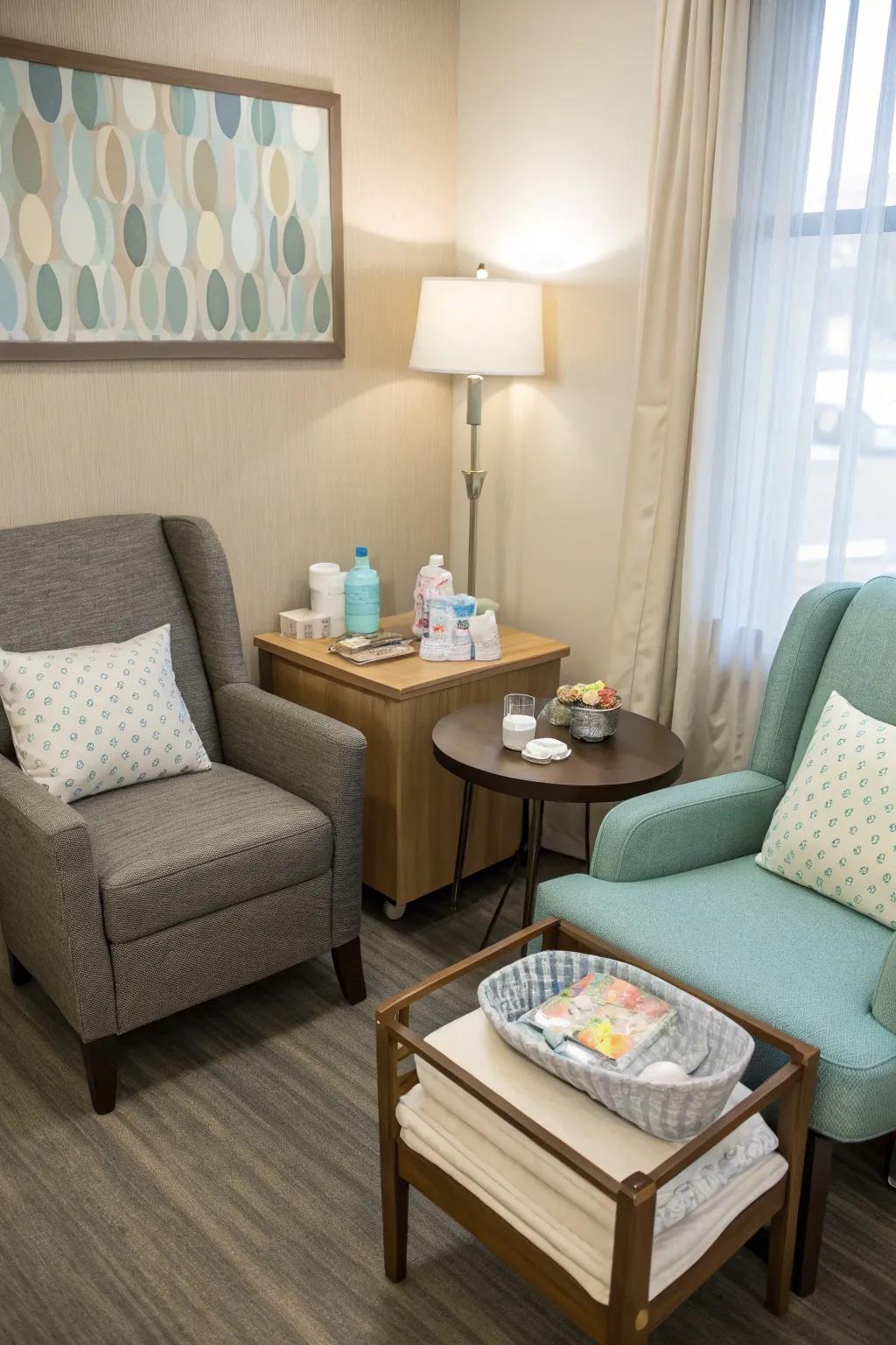 Stylish auxiliary stands offer functionality beside seating areas.