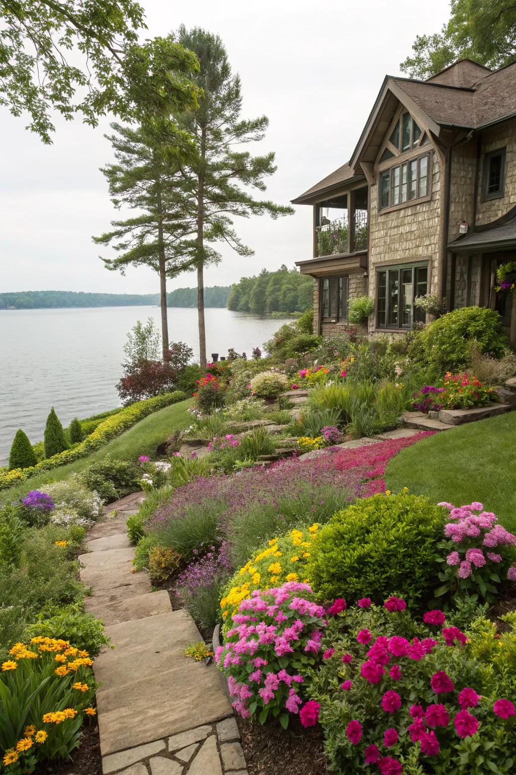 A lush garden elevating the lake house’s natural splendor.