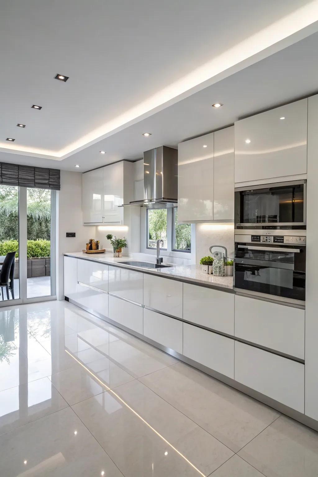 Polished overlay coatings fashion a luminous and elegant culinary space.