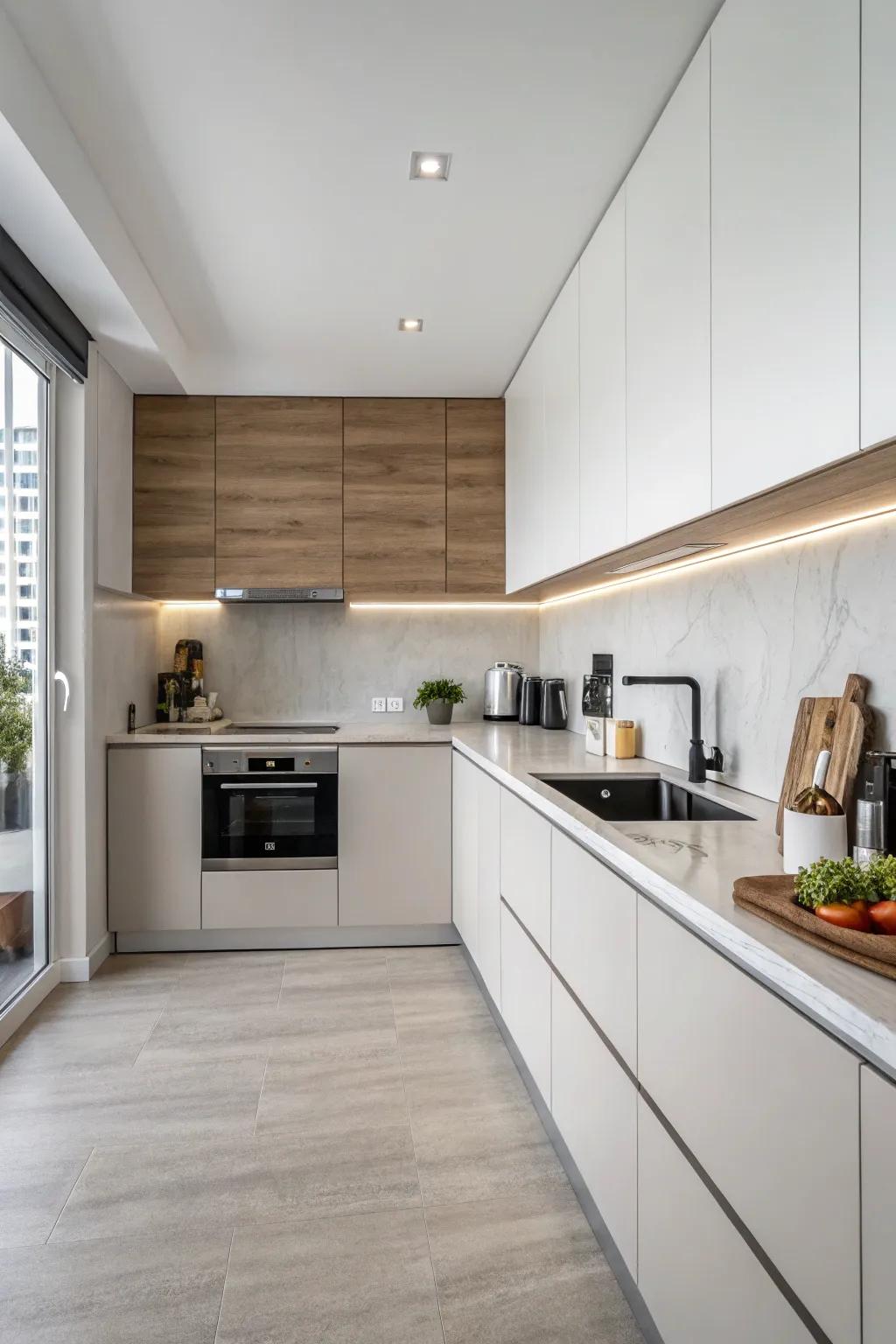 Simple laminate backsplash suited for current, sleek aesthetics.