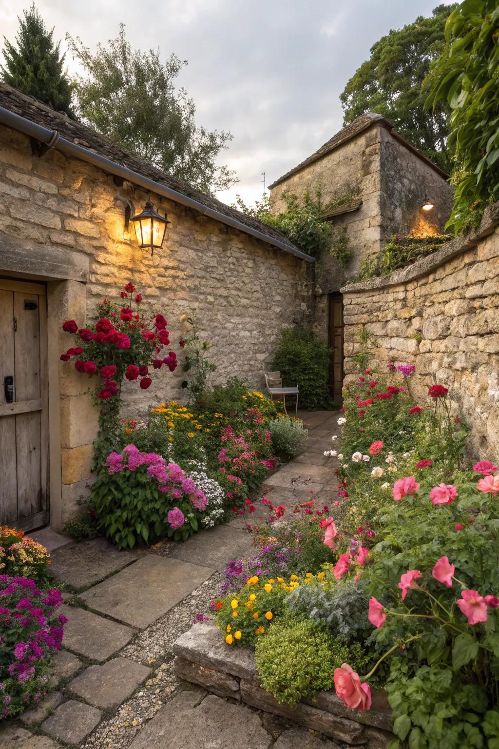 A lithic partition presents a rustic context for lively flora.