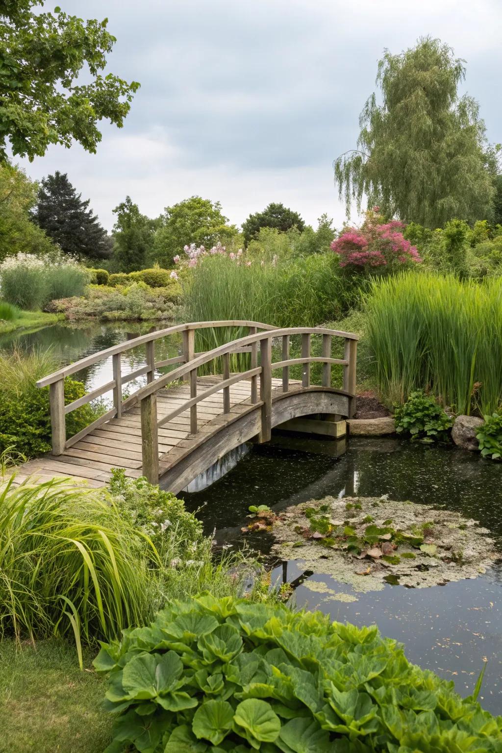 A timber footbridge infuses charm and utility into your garden.