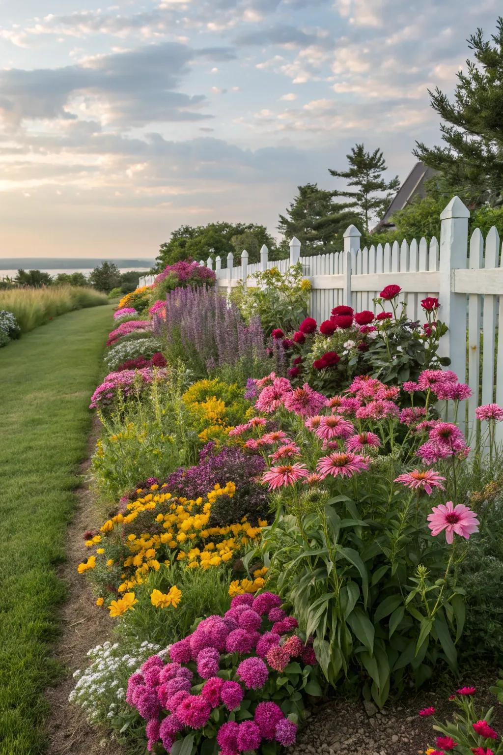 A vibrant garden border brimming with flowering perennials, infusing color and vitality.