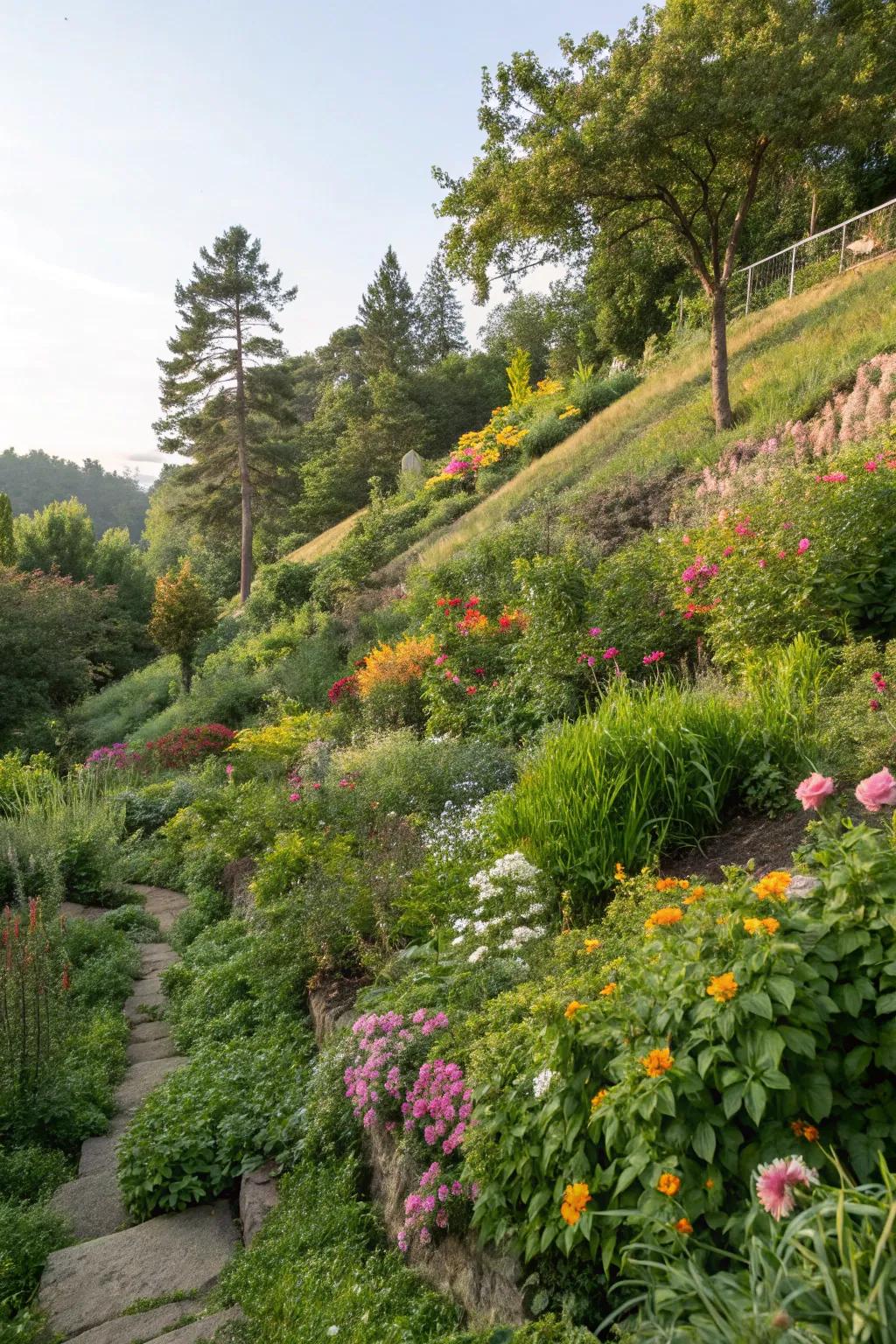 Lush plantings enhance garden gradients with color and texture.