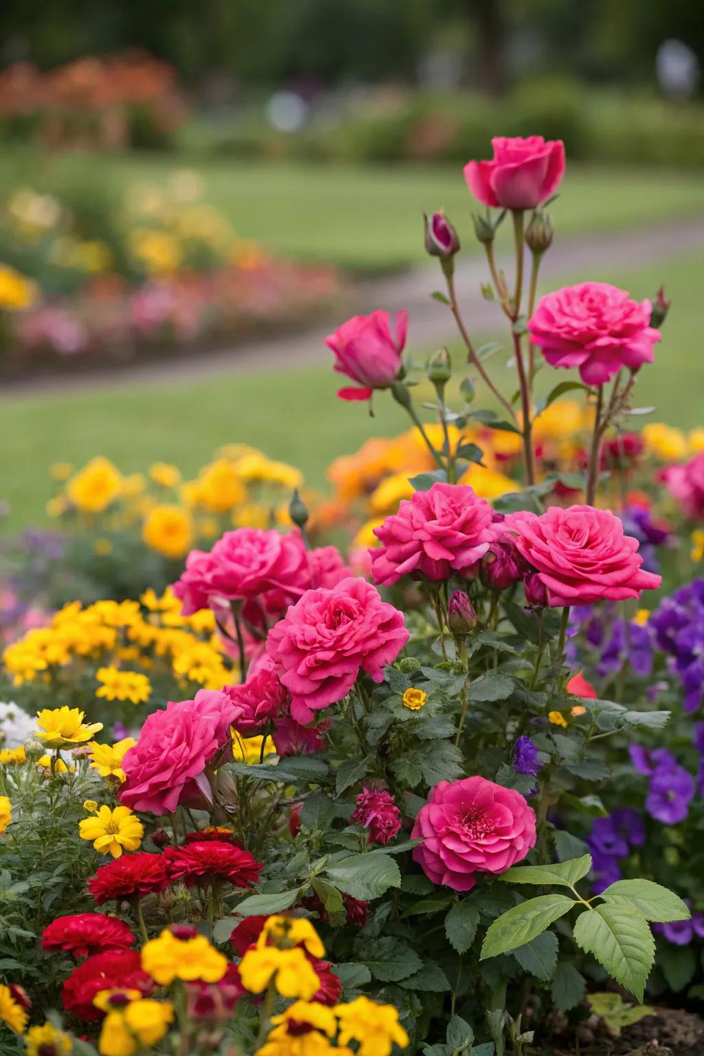 A vibrant flower bed featuring Everbloom roses.