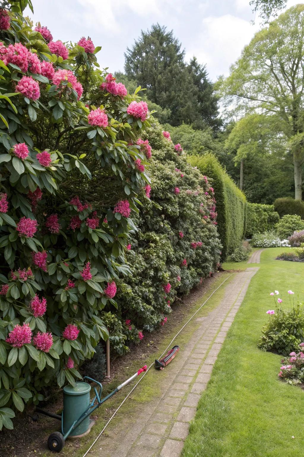 A lavish rhododendron green wall provides garden seclusion.
