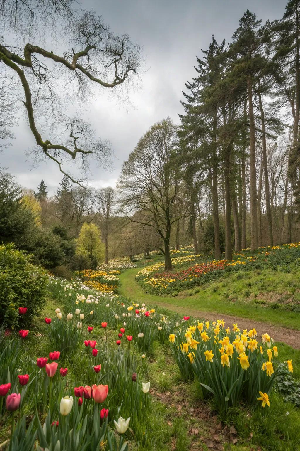 An untamed garden scene with tulips and daffodils assimilating into the vista.
