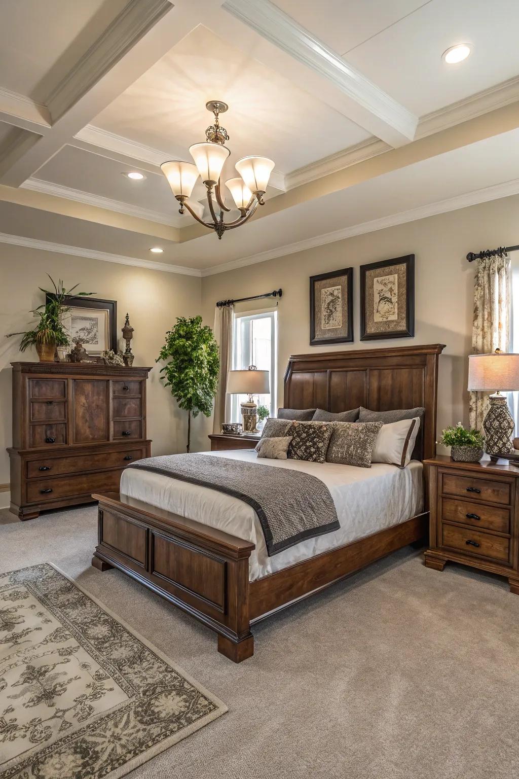 A well-balanced mix of contemporary and classic aesthetics delivers timeless sophistication to this bedroom.