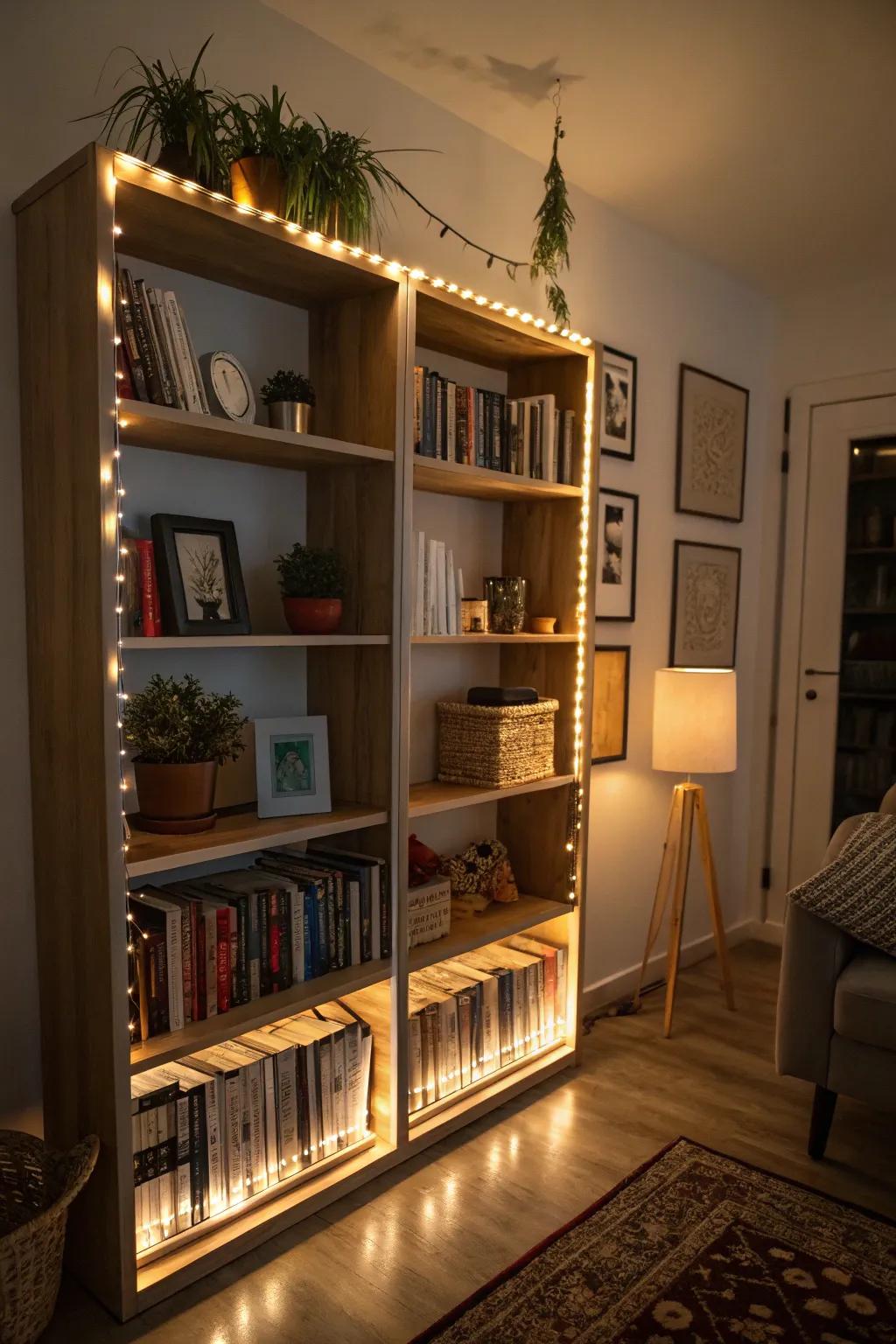 Soft lighting emphasizes and warms up this fashionable bookshelf arrangement.