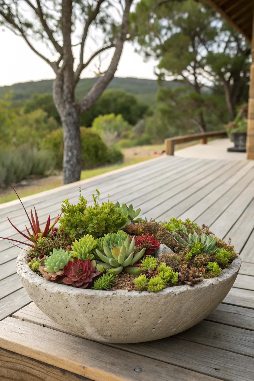 A stone bowl functioning as a tranquil succulent garden.