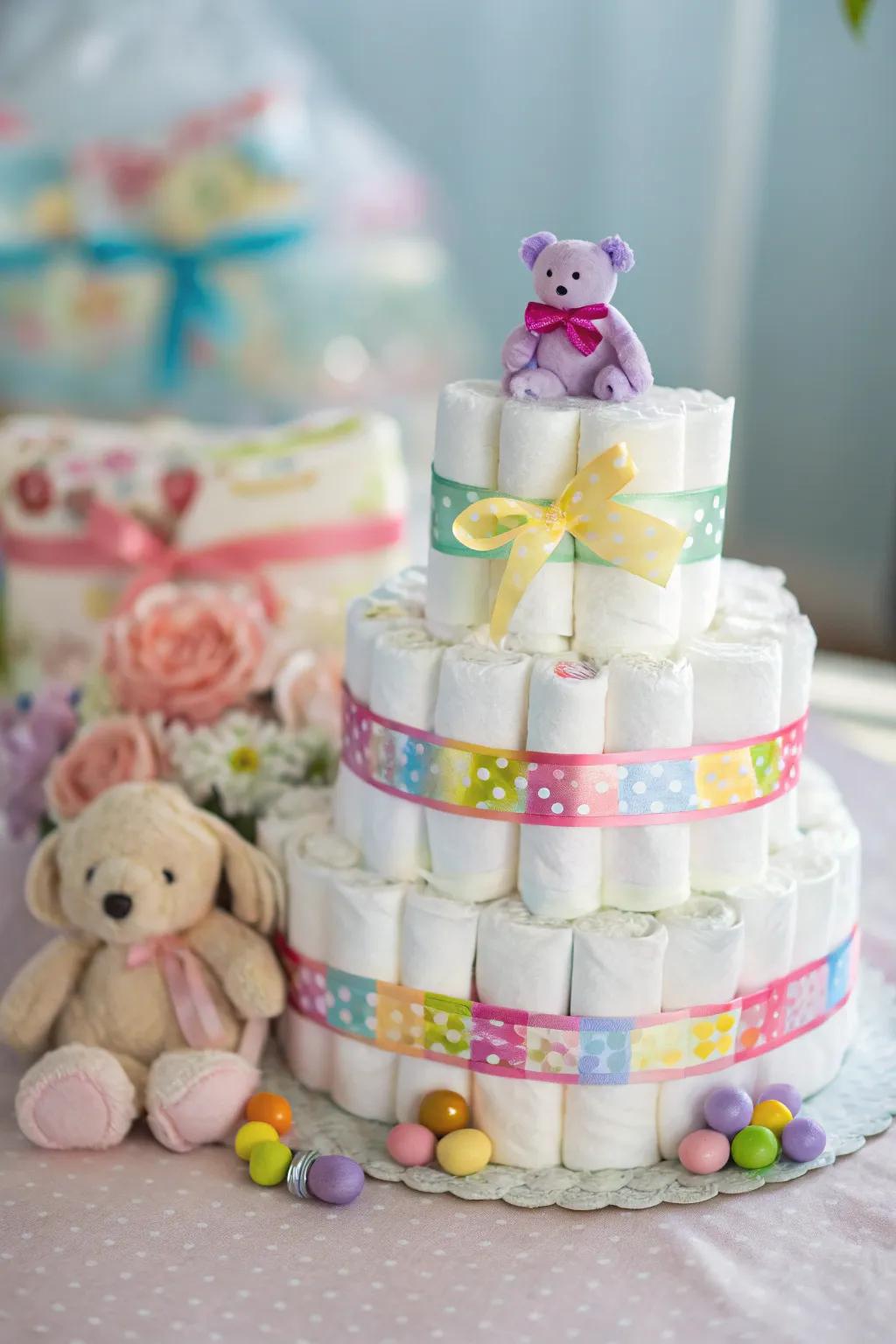 A decorative and practical swaddled layers display serves as a stunning centerpiece.