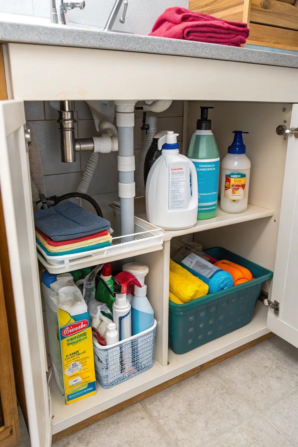 Use the area beneath the sink for hidden storage.