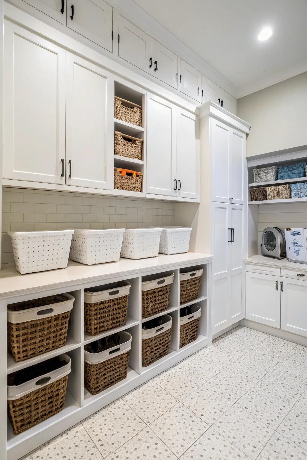 Integrated hampers maintain a neat and organized appearance in your laundry room.