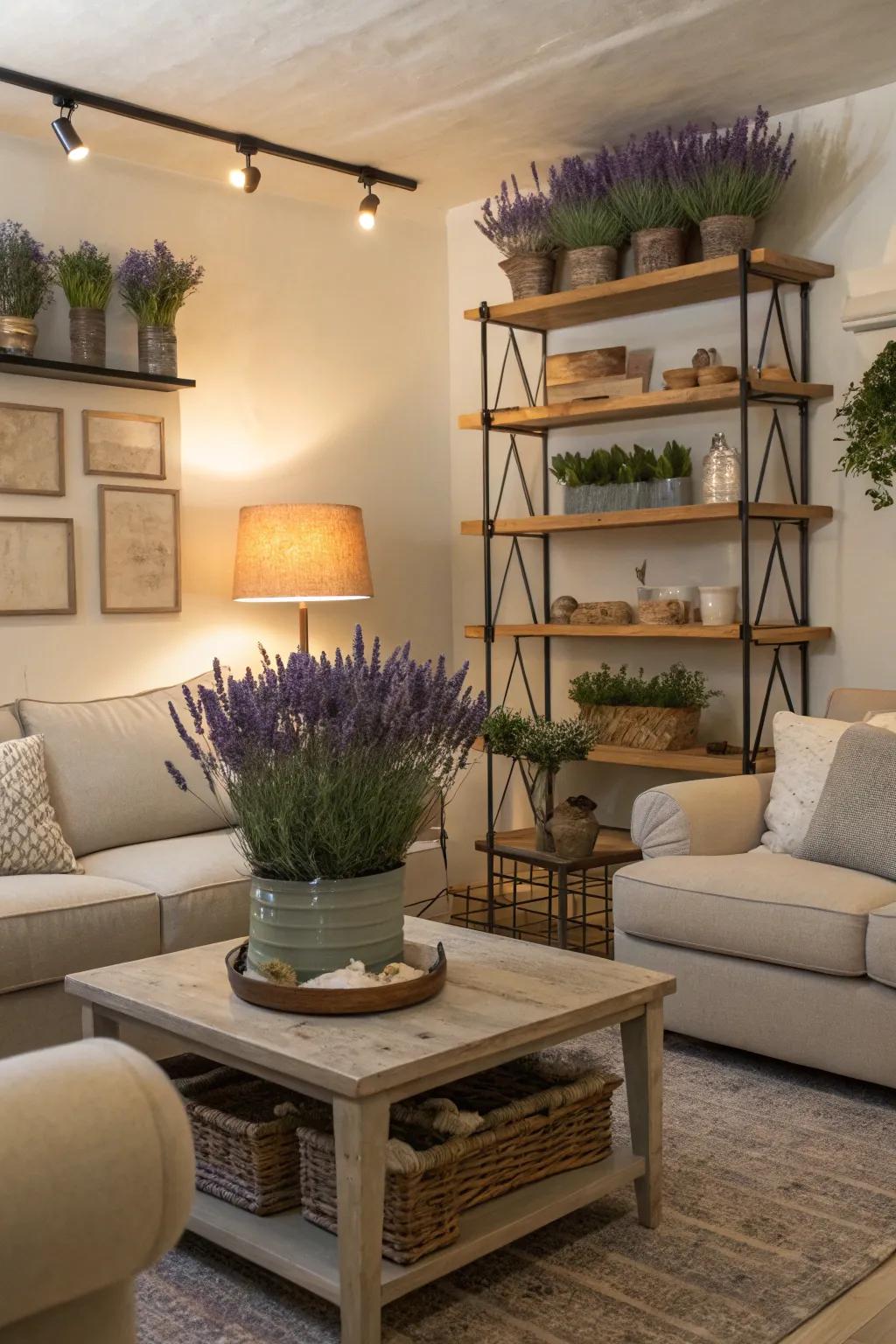 A serene living area accented with lavender.