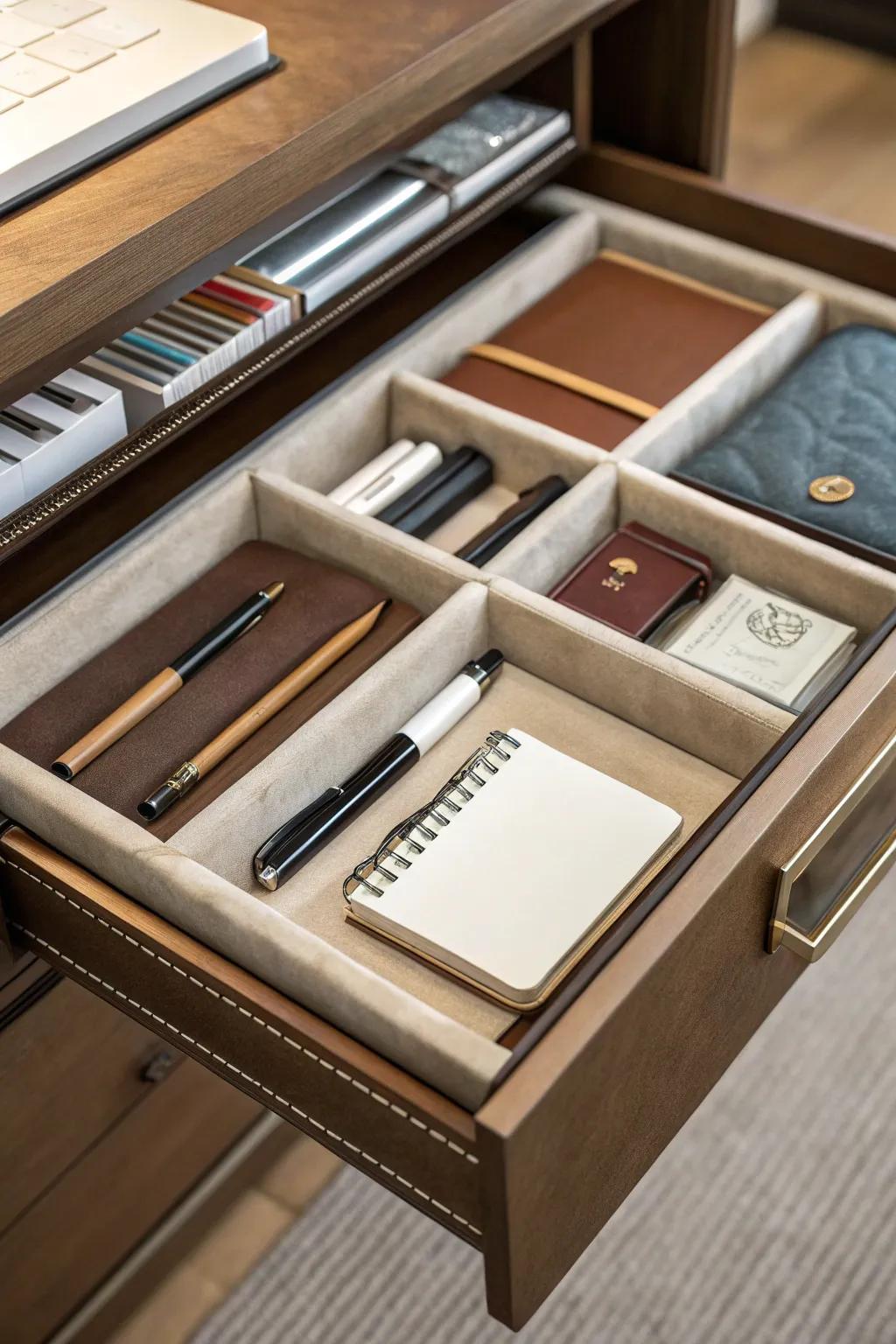 Leather linings beautifully enhance the interior of drawers.