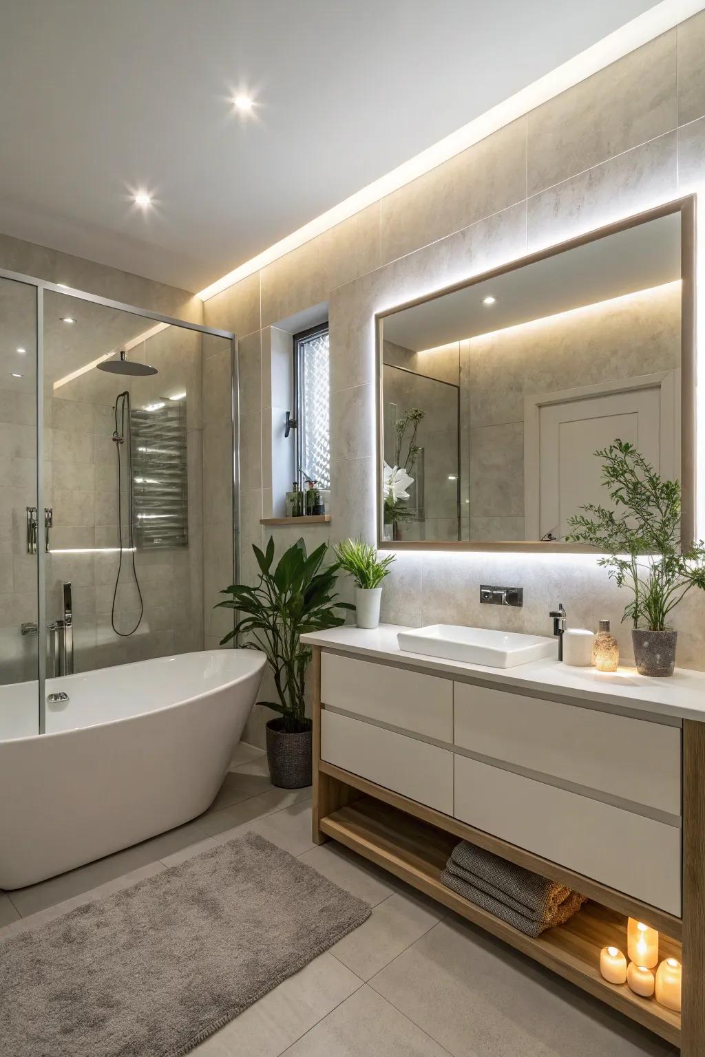 An LED mirror emits a soft, ambient light that promotes relaxation.