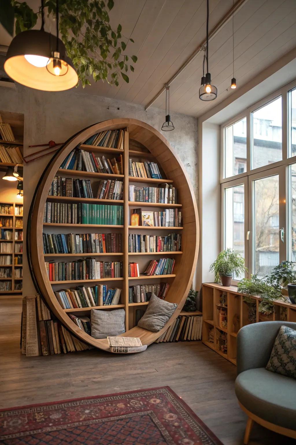 A distinctive round bookcase introducing a creative element to library design.